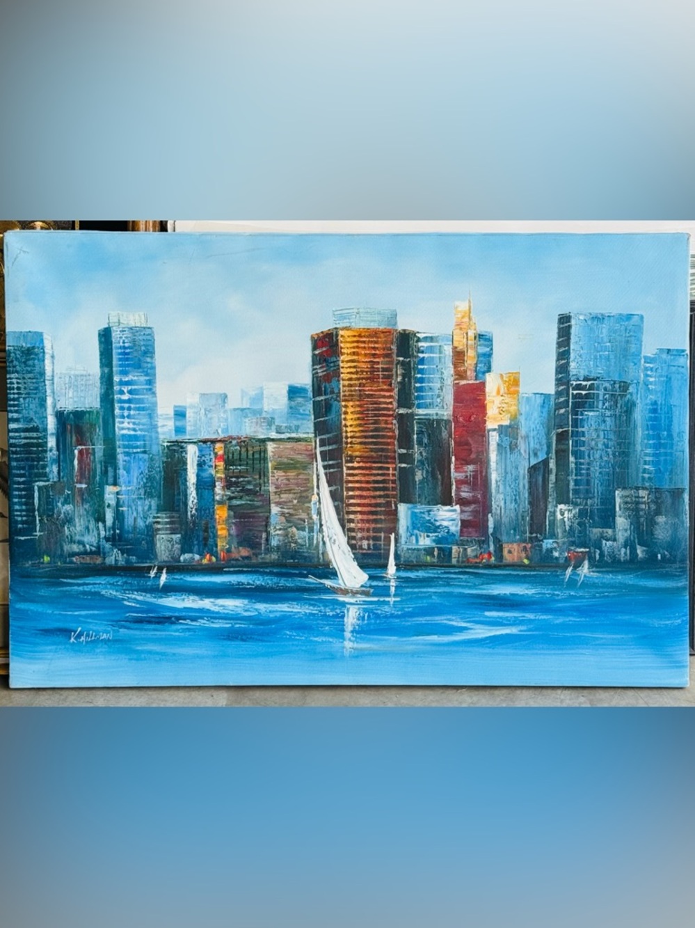 K. Hilman Signed Oil Painting Skyline & Sailboat